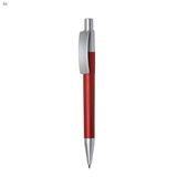 A red plastic pen with a silver clip and tip, featuring a sleek design and a branding logo.