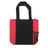A nylon tote bag featuring a black and red design with a mesh side pocket and a logo.