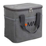 A grey nylon cooler bag with a zippered top and sturdy handles, featuring a logo on the front.