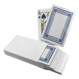 A deck of classic playing cards with a white box, featuring blue designs on the cards and one visible Queen of Spades.