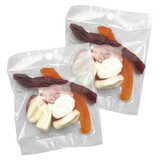 Two clear packets containing a mix of jelly lollies in various colours, including red, orange, and white.