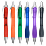 A set of six plastic pens in red, orange, green, blue, purple, and black with silver accents. Each pen features a grip and click mechanism.