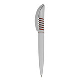 A plastic pen in white with a sleek design and brown accents, featuring a logo.
