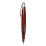 A red and silver plastic pen with a sleek design and a clip for easy attachment.
