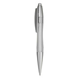 A plastic pen in silver and transparent, featuring a clip and a push-button mechanism. It has a logo on the barrel.