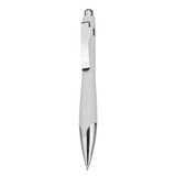 A white plastic pen with a shiny silver clip and trim. The pen has a sleek, modern design and features a branding logo.