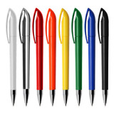 A selection of plastic pens in white, silver, red, orange, yellow, blue, green, and black, featuring a logo.