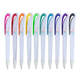 A collection of ten plastic pens in various colours with a decorative grip and a branding logo on each pen.