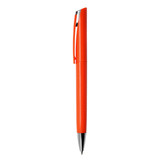 An orange plastic pen with a silver clip and tip, featuring a logo on the body.