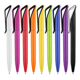 A collection of plastic pens in white, purple, orange, green, yellow, black, and other vibrant colours, featuring clips and a logo.