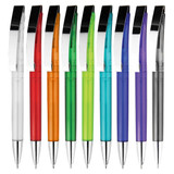 A collection of plastic pens in red, orange, green, blue, purple, and clear, featuring chrome accents and a logo.