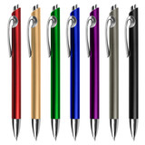 A collection of plastic pens in red, gold, green, blue, purple, grey, and black, featuring a silver clip and logo.