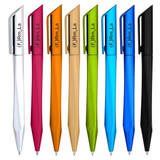 A collection of eight plastic pens in various colours: silver, magenta, orange, gold, green, blue, and black, with logos.