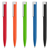 A collection of five pens in red, orange, green, blue, and black, each featuring a clip and a sleek design.