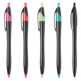 A collection of five plastic pens in black with various brightly coloured accents: pink, red, green, blue, and one entirely black.
