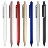 A collection of plastic pens in white, rose gold, red, gold, blue, silver, and black, featuring a logo on each.