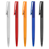 A collection of plastic pens in silver, red, orange, blue, and black, each featuring a clip and a logo.