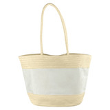 A cream and beige patterned tote bag features a woven design and two long handles. It includes a branding logo.