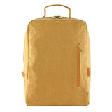 A yellow kraft paper laptop backpack with a top handle and a side zip pocket. It features a minimalist design and a logo.