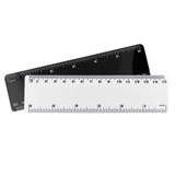 A 15cm plastic ruler in white and black, featuring measurement markings on both sides and a logo.