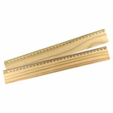 A wooden 30cm ruler featuring metric measurements, showcasing a light timber finish with a smooth surface and a branding logo.