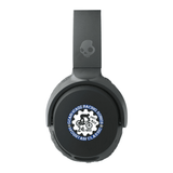 A pair of black Skullcandy Riff Wireless headphones with a logo on one ear cup.