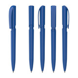 Five blue plastic pens displayed in various positions, featuring a sleek design and clips for convenience.