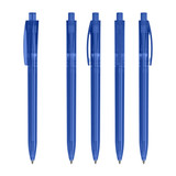 A set of five blue transparent plastic pens, featuring a clip and a visible ink reservoir.