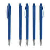A group of blue plastic pens with silver tips and a clip. The pens have a glossy finish and feature branding.