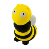 A yellow and black bee-shaped stress toy with a round head and wings, featuring large expressive eyes.