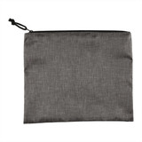 A grey recycled toiletry bag with a zip closure and a drawstring. It features a minimalist design and has a logo.