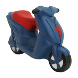 A blue stress scooter with a red seat and black handlebars, designed for stress relief and fun.