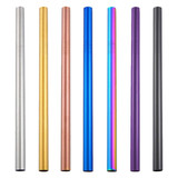 A set of stainless steel drinking straws in silver, gold, rose gold, blue, rainbow, purple, and black, displayed in a row.
