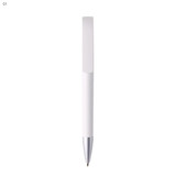 A white plastic pen with a silver tip and a simple design. The pen features a branding logo.
