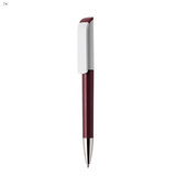 A maroon plastic pen with a white clip and a silver tip. Features a logo on the clip.