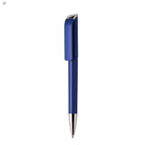 A blue plastic pen with a silver clip and tip, featuring a sleek design and a logo on the body.