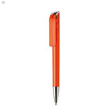 An orange plastic pen with a shiny silver clip. The pen features a smooth, sleek design and has a branding logo.