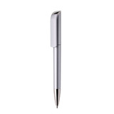 A silver plastic pen with a sleek design and a clip, featuring a brand logo near the top.