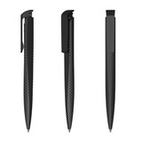 A set of three black plastic pens with a sleek, glossy finish and clip features.