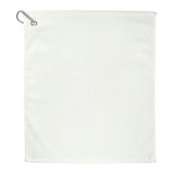 A 15" x 18" white terry golf towel featuring a metal grommet for attachment, includes a logo.