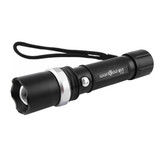 A black torch with a textured grip, featuring a silver bezel and a wrist strap. It includes a branding logo.
