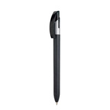 A black plastic pen with a silver clip and a smooth surface, featuring a logo on the barrel.