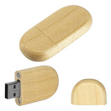 A wooden bamboo USB flash drive in a natural finish, featuring a removable cap and a sleek, oval design.