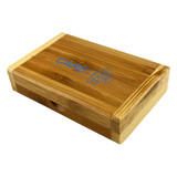 A bamboo case with a logo, featuring natural wood colours and a smooth finish. Suitable for tech accessories.