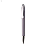 A plastic pen in a transparent grey body with a silver clip, featuring a logo on the barrel.
