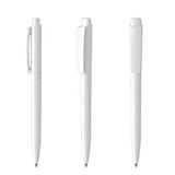 A set of three white plastic pens with different angles and a clip, featuring a branding logo.