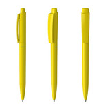 A set of three yellow plastic pens, featuring a sleek design and a clip for easy attachment. Each pen has a cap.