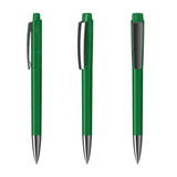 Three green plastic pens with shiny silver tips, featuring a clip and a branding logo on the barrel.