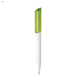 A plastic pen featuring a white body and a bright green cap. The pen includes a logo on the cap.