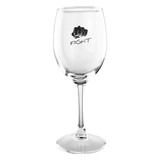 A clear wine glass with a slender stem and a brand logo featured. Holds 330ml of liquid.